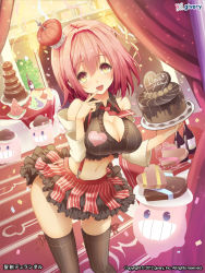Rule 34 | 10s, 1girl, 2012, :d, black thighhighs, blush, breasts, cake, chocolate, cleavage, copyright request, english text, female focus, food, hat, heart-shaped food, large breasts, looking at viewer, michiking, navel, necktie, official art, open mouth, pink hair, short hair, skirt, smile, solo, suspenders, thighhighs, valentine, yellow eyes