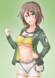 Rule 34 | 1girl, alternate costume, anti (untea9), belt, blue eyes, breasts, brown hair, clenched hand, cowboy shot, crop top, dog tags, gradient background, green background, green jacket, hair ornament, hairclip, highres, jacket, kantai collection, looking at viewer, maya (kancolle), medium breasts, midriff, open clothes, open jacket, open mouth, short hair, shorts, solo, underboob, white shorts, x hair ornament