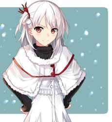 Rule 34 | 1girl, blush, brown eyes, capelet, christmas, dress, fur trim, hair ornament, hands on own hips, long sleeves, looking at viewer, one side up, original, short hair, smile, snowing, solo, tsuezu, upper body, white dress, white hair