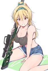 Rule 34 | 1girl, absurdres, ankoiri, blonde hair, bolt action, bow, breasts, cleavage, denim, denim shorts, girls&#039; frontline, green bow, green hairband, grin, gun, hair bow, hairband, highres, large breasts, long hair, looking at viewer, ponytail, red eyes, rifle, shorts, simple background, sitting, smile, sniper rifle, solo, sports bra, sv-98, sv-98 (girls&#039; frontline), wariza, weapon, white background