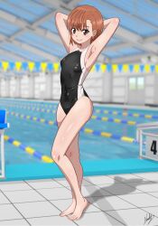 Rule 34 | 1girl, armpits, arms behind head, black one-piece swimsuit, blurry, blurry background, breasts, brown eyes, brown hair, commentary, competition swimsuit, english commentary, female focus, full body, highres, indoors, lane line, looking at viewer, medium hair, misaka mikoto, nashdnash2007, one-piece swimsuit, pool, school swimsuit, shadow, small breasts, smile, solo, standing, starting block, string of flags, swimsuit, toaru kagaku no railgun, toaru majutsu no index, tokiwadai school swimsuit