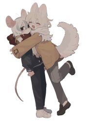 Rule 34 | 2girls, ^ ^, animal ears, arm around neck, black eyes, black footwear, black jacket, black pants, blonde hair, brown jacket, closed eyes, clothing cutout, dog ears, dog girl, dog tail, ear piercing, from side, full body, furry, furry female, gomafuto, grey hair, grey pants, hair between eyes, highres, hug, jacket, leg up, loafers, long sleeves, medium hair, mouse ears, mouse girl, mouse tail, multicolored hair, multiple girls, open mouth, original, pants, piercing, red scarf, scarf, shoes, short hair, simple background, smile, sneakers, standing, streaked hair, tail, tail through clothes, two-tone hair, white background, white footwear, white hair, white scarf