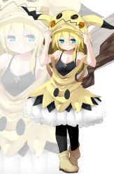 Rule 34 | 1girl, arms up, bare shoulders, black camisole, black pantyhose, blonde hair, blue eyes, blush, boots, breasts, brown footwear, camisole, closed mouth, collarbone, cosplay, creatures (company), fake tail, full body, game freak, gen 7 pokemon, hair between eyes, hood, long hair, mimikyu, mimikyu (cosplay), nintendo, noa (nagareboshi), original, pantyhose, pikachu ears, pokemon, pokemon ears, pokemon sm, skirt, small breasts, solo, standing, strap slip, tail, white background, white skirt, zoom layer