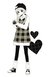 Rule 34 | 1girl, anzu (o6v6o), beanie, camera, dress, flower, full body, greyscale, gumi, hair bun, hat, heart, holding, holding camera, long sleeves, looking at viewer, loose socks, monochrome, pantyhose, plaid, plaid dress, raglan sleeves, shoes, sidelocks, simple background, single hair bun, sneakers, socks, socks over pantyhose, solo, standing, vocaloid, white background