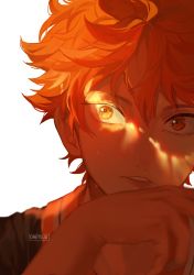 Rule 34 | 1boy, absurdres, haikyuu!!, hair between eyes, highres, hinata shouyou, looking at viewer, male focus, orange eyes, orange hair, orange theme, oretsuu, parted lips, signature, simple background, solo, sweat, upper body, white background