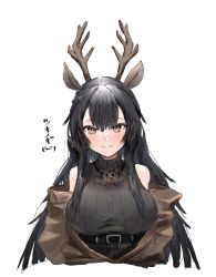 Rule 34 | 1girl, animal ears, arknights, bare shoulders, black hair, black sweater, blush, breasts, commentary request, female focus, highres, horn/wood, horns, large breasts, long hair, looking at viewer, off shoulder, ribbed sweater, sidelocks, simple background, sleeveless, sleeveless turtleneck, smile, solo, sweater, translation request, tsukinogi (arknights), turtleneck, upper body, white background, yellow eyes