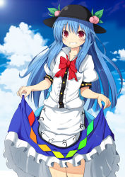 Rule 34 | 1girl, blue hair, blue sky, boushi (nandemo), bow, clothes lift, cloud, curtsey, day, dress, food, fruit, grin, hat, highres, hinanawi tenshi, layered dress, leaf, long hair, looking at viewer, nandemo118, peach, puffy short sleeves, puffy sleeves, red eyes, short sleeves, skirt, skirt lift, sky, smile, solo, touhou