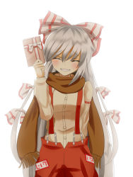 Rule 34 | 1girl, blush, bow, closed eyes, commentary request, facing viewer, fujiwara no mokou, gift, grey hair, hair bow, highres, indo (mdtanaka2007), long hair, pants, revision, scarf, simple background, smile, solo, suspenders, touhou, white background