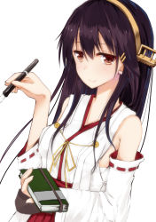 Rule 34 | 10s, 1girl, bare shoulders, black hair, brown eyes, detached sleeves, hair ornament, hairband, hairclip, haruna (kancolle), headgear, kantai collection, long hair, looking at viewer, nib pen (object), nontraditional miko, notebook, pen, red skirt, shirotaso0818, simple background, skirt, smile, solo, upper body, white background