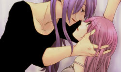 Rule 34 | 1boy, 1girl, :d, :o, bad id, bad pixiv id, couple, eye contact, hetero, imminent kiss, kamui gakupo, long hair, looking at another, megurine luka, neck, off shoulder, open mouth, pink hair, pnko, purple hair, smile, strap slip, upper body, vocaloid