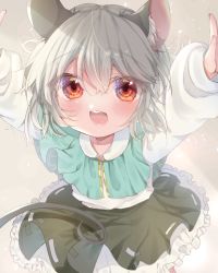 Rule 34 | 1girl, :d, absurdres, animal ear fluff, animal ears, arms up, ashino chimado, black skirt, blue capelet, blush, capelet, flat chest, from above, gold trim, grey background, grey hair, hair between eyes, highres, light particles, long sleeves, looking at viewer, mouse ears, mouse tail, nazrin, o/, open mouth, outstretched arms, petticoat, puffy long sleeves, puffy sleeves, red eyes, round teeth, short hair, sidelighting, simple background, skirt, smile, solo, tail, teeth, touhou, upper teeth only
