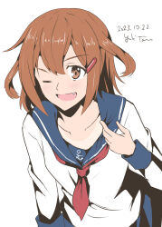 Rule 34 | 1girl, anchor symbol, artist name, blue sailor collar, blue skirt, brown eyes, brown hair, dated, fang, highres, ikazuchi (kancolle), kantai collection, leaning forward, long sleeves, neckerchief, one-hour drawing challenge, one eye closed, open mouth, red neckerchief, sailor collar, short hair, simple background, skirt, smile, solo, taira yuuki, white background