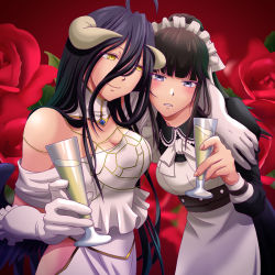 Rule 34 | 2girls, ahoge, albedo (overlord), alcohol, apron, arm around shoulder, bare shoulders, black hair, blue eyes, blush, breasts, champagne, champagne flute, cleavage, cup, demon girl, demon horns, detached collar, dress, drinking glass, drunk, elbow gloves, floral background, gloves, hip vent, horns, huge ahoge, jewelry, k-ta, large breasts, long hair, maid, maid headdress, multiple girls, narberal gamma, overlord (maruyama), ponytail, rose background, slit pupils, smile, very long hair, white dress, white gloves, yellow eyes