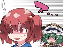 Rule 34 | &lt;|&gt; &lt;|&gt;, 2girls, blue dress, commentary request, dress, frilled hat, frills, green eyes, green hair, hair bobbles, hair ornament, hammer (sunset beach), hat, looking at another, multiple girls, onozuka komachi, open mouth, portrait, red eyes, red hair, rod of remorse, shaded face, shiki eiki, short hair, touhou, two side up, upper body