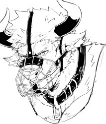 Rule 34 | 1boy, anger vein, animal ears, bara, belt collar, chest hair, clenched teeth, collar, cow ears, cow horns, cropped shoulders, furry, furry male, greyscale, gumiten, highres, horns, male focus, mask, minotaur, monochrome, mouth mask, muscular, muscular male, no headwear, pectoral cleavage, pectorals, portrait, sexually suggestive, shennong (housamo), short hair, sideburns, solo, sweat, tank top, teeth, tokyo houkago summoners