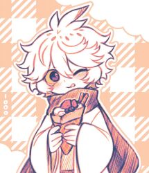 Rule 34 | 1boy, :d, ahoge, bird boy, black scarf, checkered background, cloud, colored sclera, commentary, english commentary, funamusea, hair between eyes, halftone, holding, holding ice cream cone, ice cream cone, ice scream, japanese clothes, kimono, licowish, light blush, looking at viewer, male focus, messy hair, one eye closed, open mouth, orange background, orange outline, outline, scarf, short hair, sidelocks, smile, solo, watermark, white background, white hair, white kimono, white outline, wide sleeves, yellow sclera, yukisada