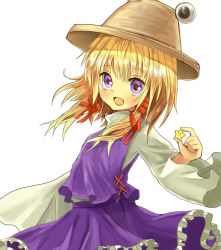 Rule 34 | 1girl, :&gt;, arm up, blonde hair, fang, female focus, frills, hair ribbon, hat, high collar, long sleeves, looking at viewer, moriya suwako, okemai, open mouth, purple eyes, ribbon, short hair, simple background, skirt, solo, star (symbol), touhou, twintails, upper body, vest, white background, wide sleeves