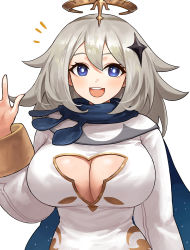 Rule 34 | 1girl, :d, alternate breast size, blue eyes, blue scarf, breasts, cleavage, cleavage cutout, clothing cutout, genshin impact, highres, large breasts, long hair, long sleeves, looking at viewer, nhaliz, aged up, open mouth, paimon (genshin impact), scarf, silver hair, simple background, smile, solo, upper body, waving, white background