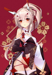 Rule 34 | 1girl, 3:, absurdres, ayanami (azur lane), ayanami (lunar demon) (azur lane), azur lane, bare shoulders, breasts, cameltoe, china dress, chinese clothes, cleavage, closed mouth, cowboy shot, detached sleeves, dress, floral background, floral print, gluteal fold, groin, hair between eyes, hair ribbon, headgear, high ponytail, highres, kouhaku nawa, long hair, long sleeves, looking at viewer, official alternate costume, panties, parted lips, platinum blonde hair, ponytail, red background, red eyes, red panties, red ribbon, ribbon, rope, scan, shimenawa, shirokitsune, short dress, sidelocks, sleeves past wrists, small breasts, solo, standing, thighhighs, underwear, wide sleeves