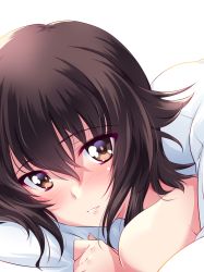 Rule 34 | 1girl, absurdres, blush, brown eyes, brown hair, commentary, face, girls und panzer, highres, kuzuryuu kennosuke, looking at viewer, lying, nishizumi maho, on bed, on stomach, parted lips, pillow, pov across bed, short hair, smile, solo, under covers