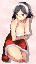 Rule 34 | 10s, 1girl, absurdres, black hair, blue eyes, breasts, cleavage, dress, female focus, glasses, highres, kantai collection, kirishima (kancolle), kneeling, large breasts, looking at viewer, santa costume, short hair, solo, strapless, strapless dress, yuuki1103