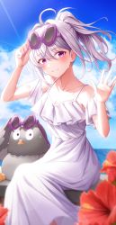 Rule 34 | 1girl, absurdres, adjusting eyewear, ahoge, bare shoulders, bird, blue sky, blurry, blurry foreground, blush, breasts, cleavage, cloud, collarbone, commentary, contrail, day, depth of field, detached sleeves, dress, eyelashes, eyewear on head, feet out of frame, fingernails, floating hair, flower, frilled dress, frilled sleeves, frills, hair between eyes, hair intakes, hands up, hibiscus, high ponytail, highres, horizon, ine (vtuber), lens flare, light particles, looking at viewer, medium hair, nail polish, ocean, outdoors, owl, parted lips, pink nails, pomeo dayo, ponytail, purple eyes, red flower, short sleeves, sidelocks, sitting, sky, sleeveless, sleeveless dress, small breasts, smile, solo, sunglasses, sweat, teeth, virtual youtuber, waktaverse, water, waving, white dress, white hair, white sleeves