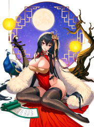 Rule 34 | 1girl, absurdres, azur lane, bird, black gloves, black hair, black thighhighs, breasts, bridal gauntlets, chinese clothes, cleavage, cleavage cutout, clothing cutout, crossed bangs, dress, feather boa, finger to mouth, framed breasts, full body, full moon, gloves, hair ornament, highres, huge breasts, instrument, lace, lace-trimmed thighhighs, long hair, low neckline, mandolin, moon, night, night sky, no panties, official alternate costume, peacock, rakuri (rwrn5475), red dress, red eyes, scroll, sky, solo, taihou (azur lane), taihou (phoenix&#039;s spring song) (azur lane), thighhighs, thighs, very long hair