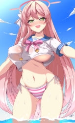 Rule 34 | 1girl, blue archive, blue sailor collar, blush, bow, braid, breasts, cameltoe, covered erect nipples, gluteal fold, green eyes, hair between eyes, hair bow, halo, hanako (blue archive), large breasts, long hair, looking at viewer, navel, open mouth, panties, pink hair, sailor collar, sayossa (pak-front), school uniform, shirt, single braid, smile, solo, striped clothes, striped panties, underboob, underwear, very long hair, wading, wet, white bow