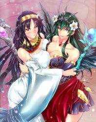 Rule 34 | 2girls, bare shoulders, black hair, breast press, breasts, cleavage, green hair, highres, isis (p&amp;d), jewelry, large breasts, lots of jewelry, multiple girls, persephone (p&amp;d), pout, purple eyes, puzzle &amp; dragons, red eyes, smile, staff, symmetrical docking, wings, yamaneko