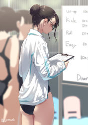 Rule 34 | 3girls, backless swimsuit, black hair, black one-piece swimsuit, blurry, blurry background, clipboard, closed mouth, commentary request, depth of field, english text, glasses, hair bun, holding, jacket, jonsun, kickboard, long sleeves, multiple girls, one-piece swimsuit, open clothes, open jacket, original, profile, sleeves past wrists, solo focus, swimsuit, swimsuit under clothes, white jacket, whiteboard