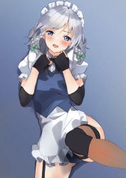 Rule 34 | 1girl, adapted costume, black neckwear, blue eyes, blue leotard, blue vest, bow, braid, collared shirt, commission, compression sleeve, fingerless gloves, garter straps, gloves, gluteal fold, green bow, hair bow, highres, izayoi sakuya, leotard, maid headdress, pixiv commission, puffy sleeves, shirt, short hair, short sleeves, silver hair, simple background, solo, textless version, thigh strap, thighhighs, touhou, tsushi, twin braids, vest, white background, white shirt