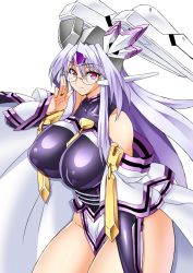 Rule 34 | 1girl, adjusting eyewear, bare shoulders, bnc (bunshi), breasts, character request, collarbone, cowboy shot, detached sleeves, covered erect nipples, glasses, headgear, highres, huge breasts, leotard, light purple hair, long hair, looking at viewer, mole, mole under eye, orichalcum reycal, red eyes, rimless eyewear, smile, solo, thick thighs, thighs, very long hair, white hair