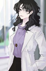 Rule 34 | 1girl, black eyes, black hair, black skirt, chinese commentary, cigarette, coat, commentary request, cowboy shot, curly hair, frills, fusui125, hands in pockets, highres, jewelry, long hair, necklace, open clothes, open coat, purple shirt, saibou shinkyoku, shirt, skirt, smile, solo, white coat, yanagi nina