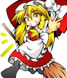 Rule 34 | 1girl, alternate color, blonde hair, braid, broom, chibi, efunosan, female focus, hat, kirisame marisa, long hair, open mouth, player 2, single braid, smile, solo, touhou, v, witch, witch hat, yellow eyes