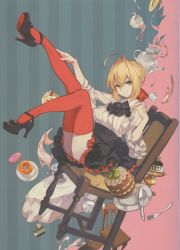 Rule 34 | 1girl, absurdres, ankle strap, black footwear, blonde hair, blouse, braid, cake, chair, fate/grand order, fate (series), food, french braid, full body, green eyes, high heels, highres, huge filesize, looking at viewer, meme attire, nero claudius (fate), nero claudius (fate) (all), nero claudius (fate/extra), plantar flexion, pumps, red thighhighs, sayika, scan, shirt, shoe soles, shoes, simple background, sitting, skirt, smile, strappy heels, thighhighs, white shirt