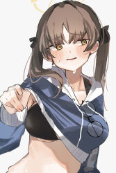 1girl absurdres bikini black_bikini blue_archive blue_hoodie blush breasts brown_hair collarbone glasses grey_background halo higa_(gominami) highres hood hood_down hoodie large_breasts long_hair long_sleeves moe_(blue_archive) moe_(swimsuit)_(blue_archive) official_alternate_costume open_mouth simple_background solo swimsuit twintails unworn_eyewear yellow_eyes yellow_halo