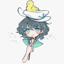 Rule 34 | 1girl, anchor print, artist name, blush, character name, commentary, green eyes, green hair, hat, highres, holding, m (m073111), medium hair, murasa minamitsu, portrait, rubber duck, sailor collar, sailor hat, simple background, solo, sparkle, swept bangs, symbol-only commentary, tongue, tongue out, touhou, twitter username, wavy hair, white background