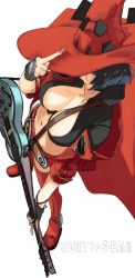 Rule 34 | 1girl, arc system works, black hair, boots, breasts, cleavage, collarbone, collared shirt, dondobi, electric guitar, fingerless gloves, from above, glasses, gloves, guilty gear, guilty gear strive, guitar, hat, highres, i-no, instrument, large breasts, middle finger, mole, mole above mouth, red hat, shirt, short hair, solo, thigh boots, thighhighs, witch hat
