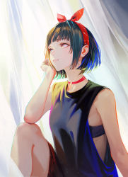 Rule 34 | 1girl, absurdres, black hair, bob cut, bow, choker, hair bow, hand on own cheek, hand on own face, highres, light smile, looking up, nababa, original, red bow, shirt, short hair, sleeveless, sleeveless shirt, solo, sports bra, yellow eyes