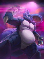 Rule 34 | 1boy, absurdres, alternate color, alternate shiny pokemon, animal ears, animal hands, arm up, armpits, artist name, bad id, bad pixiv id, bandages, bara, belly, blue horns, blue skin, chromatic aberration, claws, closed mouth, colored skin, creatures (company), day, elbow spikes, furry, furry male, game freak, gen 1 pokemon, hand wraps, highres, horns, legs apart, lizard tail, looking at viewer, male focus, multicolored skin, nidoking, nintendo, outdoors, pectorals, pink sky, pokemon, pokemon (creature), red eyes, sharp teeth, single horn, sky, solo, standing, tail, teeth, tenebscuro, thick thighs, thighs, two-tone skin, watermark, white skin