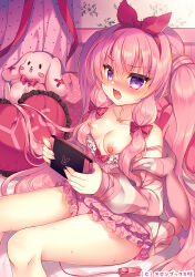 Rule 34 | 1girl, animal ears, animal hood, blush, bow, breasts, camisole, commentary request, fake animal ears, frilled pillow, frilled shorts, frills, hair between eyes, hair bow, hair ribbon, hairband, handheld game console, heart, heart-shaped pillow, holding, hood, hood down, hooded jacket, jacket, lilia chocolanne, long hair, long sleeves, looking at viewer, nipples, nose blush, off shoulder, open clothes, open jacket, open mouth, original, pillow, pink camisole, pink shirt, polka dot, puffy long sleeves, puffy sleeves, purple eyes, rabbit ears, rabbit hood, red bow, red hairband, red ribbon, remote control vibrator, ribbon, sex toy, shirt, short shorts, shorts, sidelocks, small breasts, solo, striped clothes, striped jacket, stuffed animal, stuffed rabbit, stuffed toy, suzunone rena, twintails, very long hair, vibrator, yes-no pillow