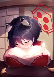 Rule 34 | 1girl, animal ears, bitseon, black hair, blue archive, blush, breast curtain, breast rest, breasts, closed eyes, hair between eyes, halo, highres, huge breasts, indoors, raccoon ears, red sailor collar, sailor collar, self pillow, short hair, sideless outfit, sleeping, solo, tsubaki (blue archive), upper body