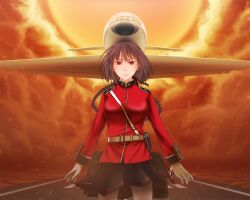 Rule 34 | 1girl, aircraft, airplane, character request, cloud, cloudy sky, copyright request, glass cockpit, looking at viewer, medium hair, military uniform, orange sky, runway, shi o musubi, sky, solo, uniform