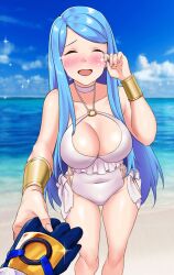 Rule 34 | 1girl, 1other, :d, absurdres, alear (fire emblem), beach, blue hair, blush, breasts, collarbone, covered navel, cropped legs, crying, fire emblem, fire emblem engage, hand on own face, happy tears, highres, holding hands, horizon, igni tion, large breasts, long hair, lumera (fire emblem), mature female, mother and child, nintendo, o-ring, o-ring swimsuit, ocean, one-piece swimsuit, open mouth, pov, pov hands, shore, smile, swimsuit, tears, white one-piece swimsuit, wiping tears, wrist cuffs