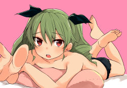 Rule 34 | 1girl, absurdres, anchovy (girls und panzer), arms up, barashiya, barefoot, bed sheet, black panties, black ribbon, blush, commentary, drill hair, foreshortening, frilled panties, frills, girls und panzer, green hair, hair ribbon, highres, legs up, long hair, looking at viewer, lying, on bed, on stomach, open mouth, panties, pillow, pink background, pov, reaching, red eyes, ribbon, shadow, solo, the pose, topless, twin drills, twintails, underwear, underwear only