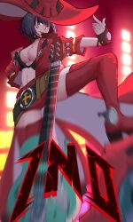 Rule 34 | 1girl, black hair, boots, breasts, character name, cleavage, electric guitar, fingerless gloves, gloves, green eyes, guilty gear, guilty gear strive, guitar, hat, highres, i-no, instrument, k irvine3, looking at viewer, medium breasts, mole, mole above mouth, navel, red footwear, red headwear, red leather, red lips, short hair, short sleeves, sunglasses, thigh boots, venus symbol, witch hat