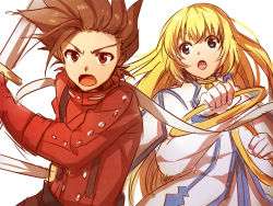 Rule 34 | 00s, 1boy, 1girl, blonde hair, brown hair, capelet, choker, colette brunel, dress, gloves, jewelry, lloyd irving, long hair, open mouth, pants, red eyes, red gloves, short hair, sword, tales of (series), tales of symphonia, weapon, white gloves