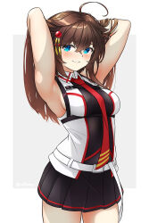 Rule 34 | 1girl, ahoge, armpits, arms behind head, arthur ko, black skirt, blue eyes, blush, breasts, brown hair, chest harness, closed mouth, cowboy shot, harness, highres, kantai collection, long hair, medium breasts, necktie, pleated skirt, red necktie, shigure (kancolle), shigure kai san (kancolle), sideboob, skirt, smile, solo