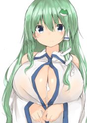 Rule 34 | 1girl, after paizuri, blue eyes, breasts, cleavage, closed mouth, cum, cum on body, cum on breasts, cum on upper body, cumdrip, frog hair ornament, golgi hon, green eyes, green hair, hair between eyes, hair ornament, hair tubes, highres, kochiya sanae, large breasts, long hair, looking at viewer, sidelocks, simple background, smile, snake hair ornament, solo, touhou, upper body, white background