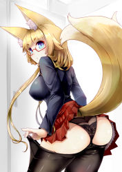Rule 34 | 1girl, amino dopple, animal ear fluff, animal ears, ass, black panties, blonde hair, blue eyes, blue shirt, blunt bangs, breasts, clothes pull, commentary request, contrapposto, cowboy shot, dressing, fox ears, fox tail, honami mikura (amino dopple), ketsune (paprika shikiso), large breasts, long hair, long sleeves, looking at viewer, looking back, original, panties, pantyhose, pantyhose pull, pinky out, pleated skirt, pulled by self, red-framed eyewear, red skirt, shirt, short eyebrows, skirt, solo, standing, tail, underwear